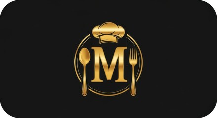 Elegant golden letter m logo with chef hat, spoon, and fork