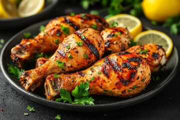 Grilled Chicken Drumsticks Garnished With Herbs and Lemon Slices on a Black Stone Platter.