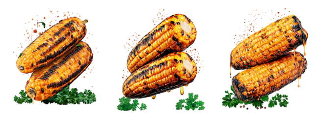 Set of various grilled corn isolated on transparent background