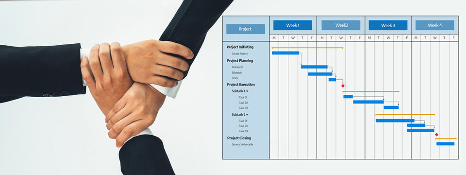An engaging visual representation of project management showcasing a gantt chart alongside hands symbolizing teamwork and collaboration over planning efforts. Amity