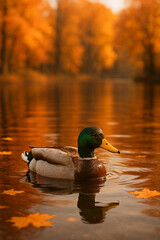 A duck on a lake during autumn