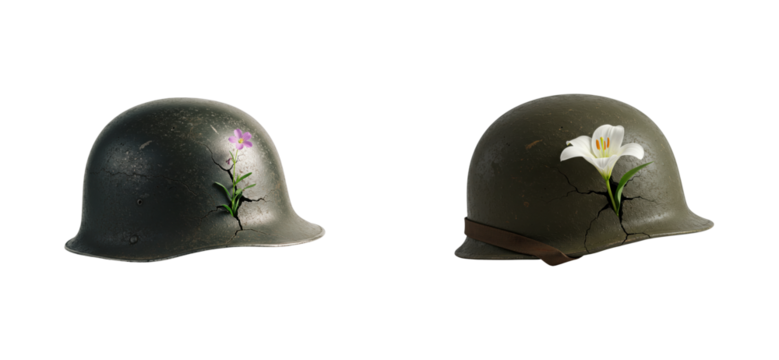 Symbolic floral art on military helmets artistic display studio environment for thought-provoking concept. Cut out set png