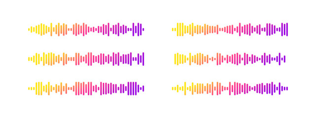 Podcast sound wave patterns with colorful gradient waveform for audio broadcasting and streaming. Vibrant frequency bars from yellow through pink to purple display rhythm dynamics for media players.