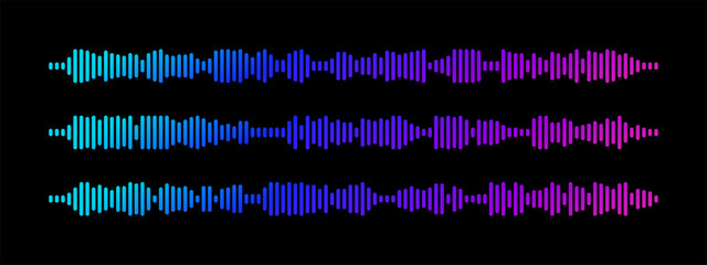 Podcast sound wave visualization with neon gradient waveform for digital audio streaming and broadcasting. Blue to purple frequency bars on black bg display rhythm dynamics for modern media interface