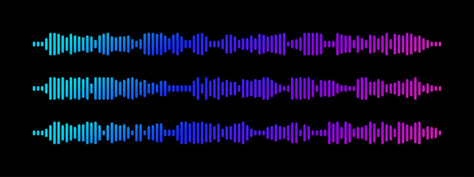 Podcast sound wave visualization with neon gradient waveform for digital audio streaming and broadcasting. Blue to purple frequency bars on black bg display rhythm dynamics for modern media interface
