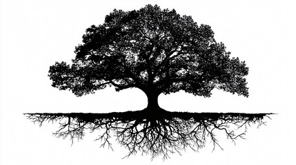 Majestic Black Silhouette Tree with Roots - Nature Landscape Illustration