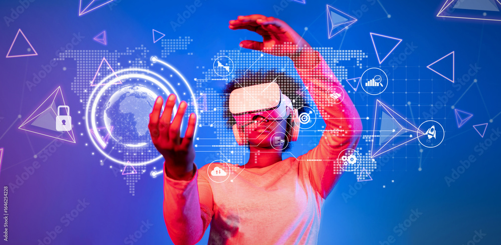 Poster virtual reality experience with data visualization and analytics concepts for financial marketing st