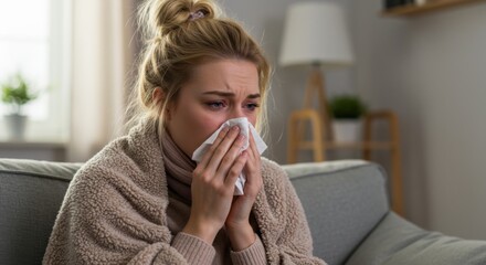 Sick Woman with Cold and Flu Symptoms Resting at Home
