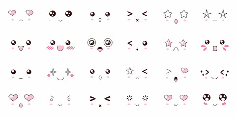 Collection of cute kawaii faces with various expressions