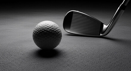 Golf club and ball resting on textured surface with dramatic lighting