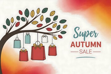 Charming autumn tree with hanging lanterns and sale announcement