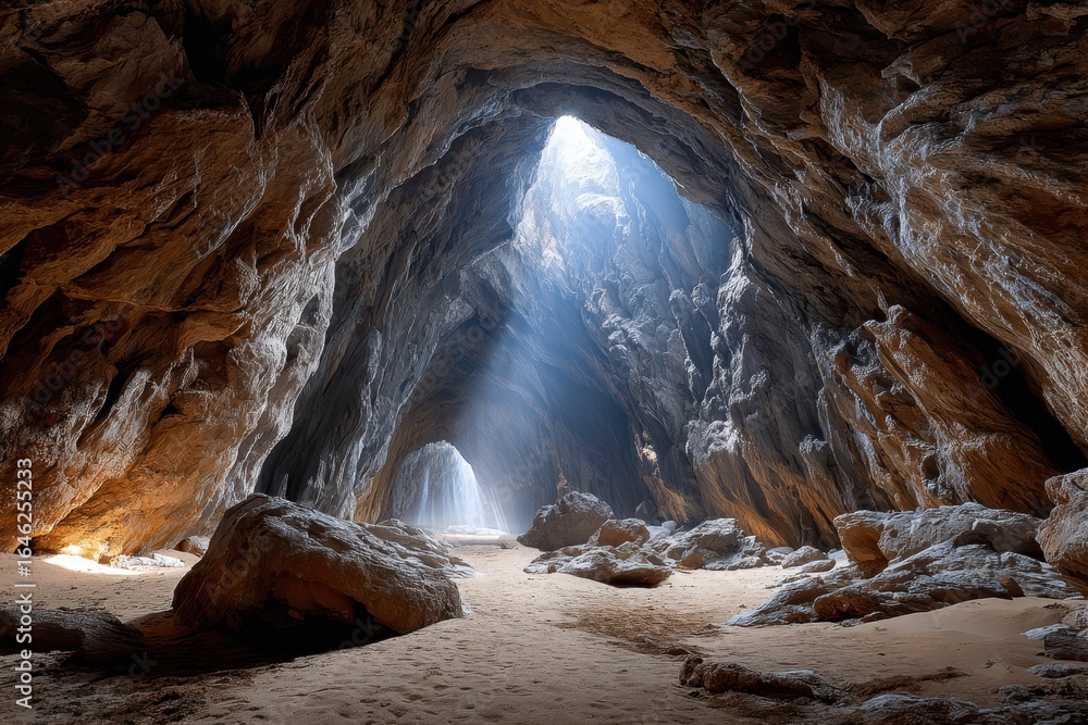 Poster sunlight filters through a cave entrance creating a mystical atmosphere in a damp environment