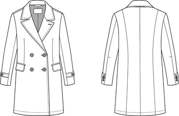 Technical drawing coat, double-breasted design, four buttons, notched lapel, flap pockets, sleeve straps, front and back view, fashion sketch