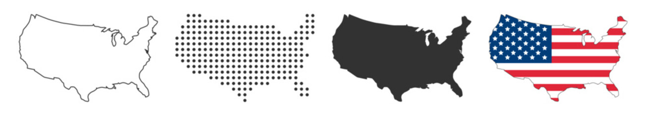 USA map and flag collection, silhouette, outline, patriotic design on transparent background
