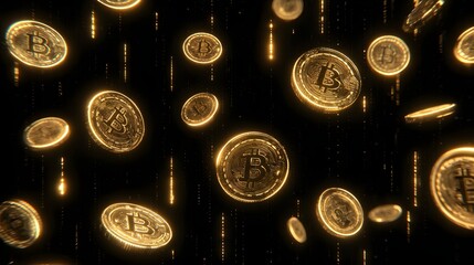 Digital golden bitcoin coins falling against a dark background.