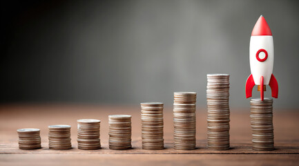 Rocket on top of stacks of coins and representing business growth and financial success