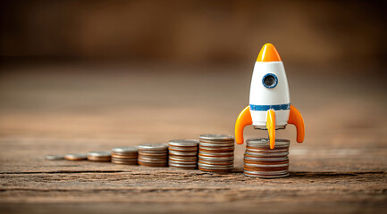 Rocket on top of stacks of coins and representing business growth and financial success