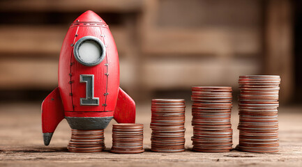 Rocket on top of stacks of coins and representing business growth and financial success