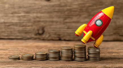 Rocket on top of stacks of coins and representing business growth and financial success