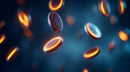 Digital currency coins in motion against a dark backdrop.
