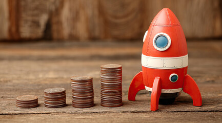 Rocket on top of stacks of coins and representing business growth and financial success
