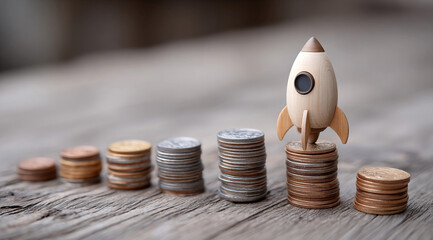 Rocket on top of stacks of coins and representing business growth and financial success