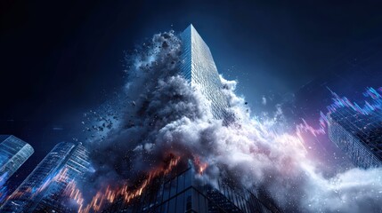 Exploding Skyscraper Representing Financial Crisis