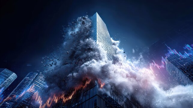 Exploding Skyscraper Representing Financial Crisis