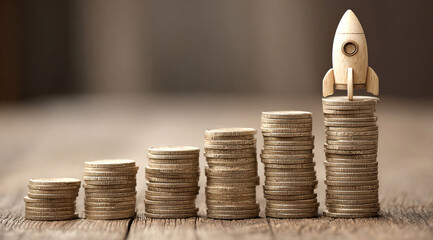 Rocket on top of stacks of coins and representing business growth and financial success