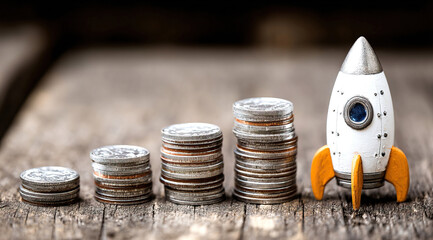 Rocket on top of stacks of coins and representing business growth and financial success