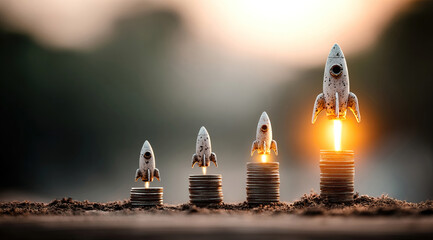 Rocket on top of stacks of coins and representing business growth and financial success