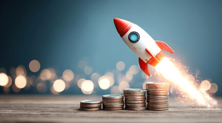 Rocket on top of stacks of coins and representing business growth and financial success
