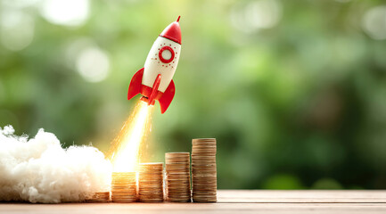 Rocket on top of stacks of coins and representing business growth and financial success