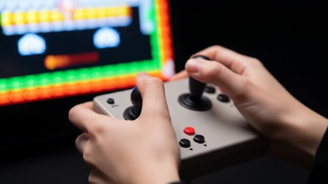 Hands on Retro Arcade Joystick Playing Pixelated Game With Bright Colorful Screen on Black Background