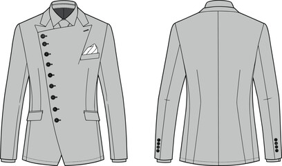 Men’s blazer technical drawing, asymmetrical button closure, tailored fit, front and back view, fashion sketch, modern suit design