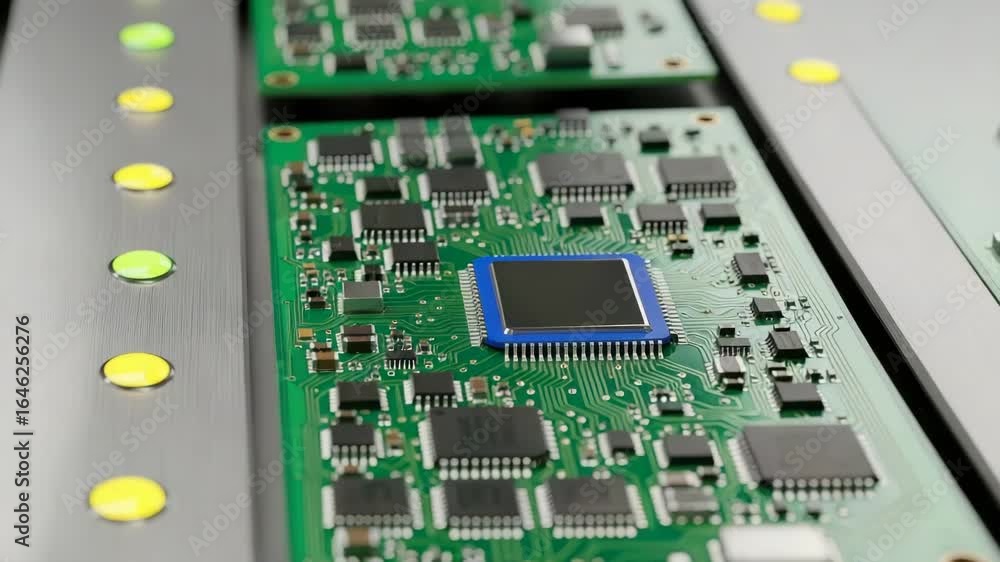 Poster a closeup view of a complex green circuit board, featuring a central bluebordered processor chip and