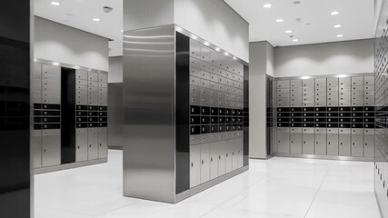 Interior of a Room Full of Safe Deposit Boxes in Silver and Black Colors Offering Secure Storage and Protection of Valuables in Hallway Setting
