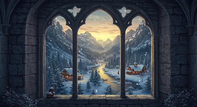 View from castle window overlooking valley village with houses, river, and forest
Seamless looping, virtual video animation background. Generated AI	