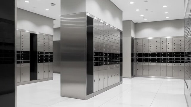 Interior of a Room Full of Safe Deposit Boxes in Silver and Black Colors Offering Secure Storage and Protection of Valuables in Hallway Setting