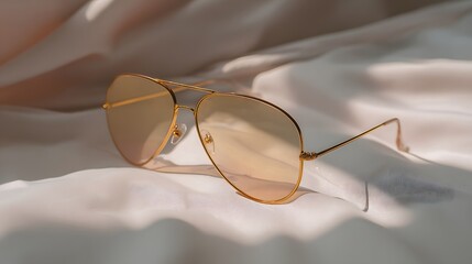Gold aviator sunglasses on a light beige fabric.