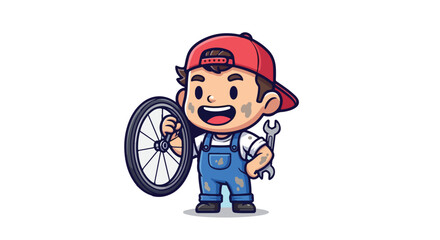 Vector Bicycle Mechanic Cartoon Illustration of a Repairman with Wheel