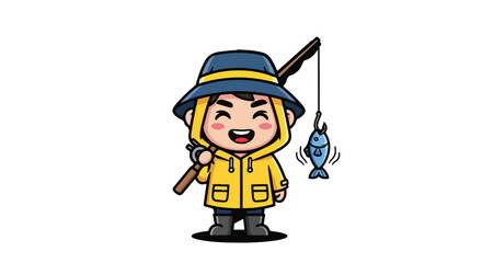 Happy Fisherman VECTOR Illustration - Cute Kid with Catch