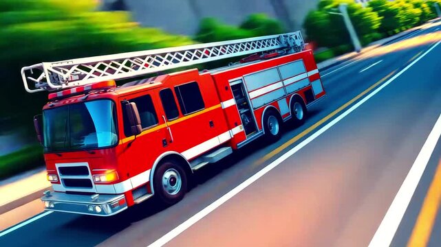 Red fire truck driving on highway on city street, fire department rushing to extinguish fire, cartoon vector style