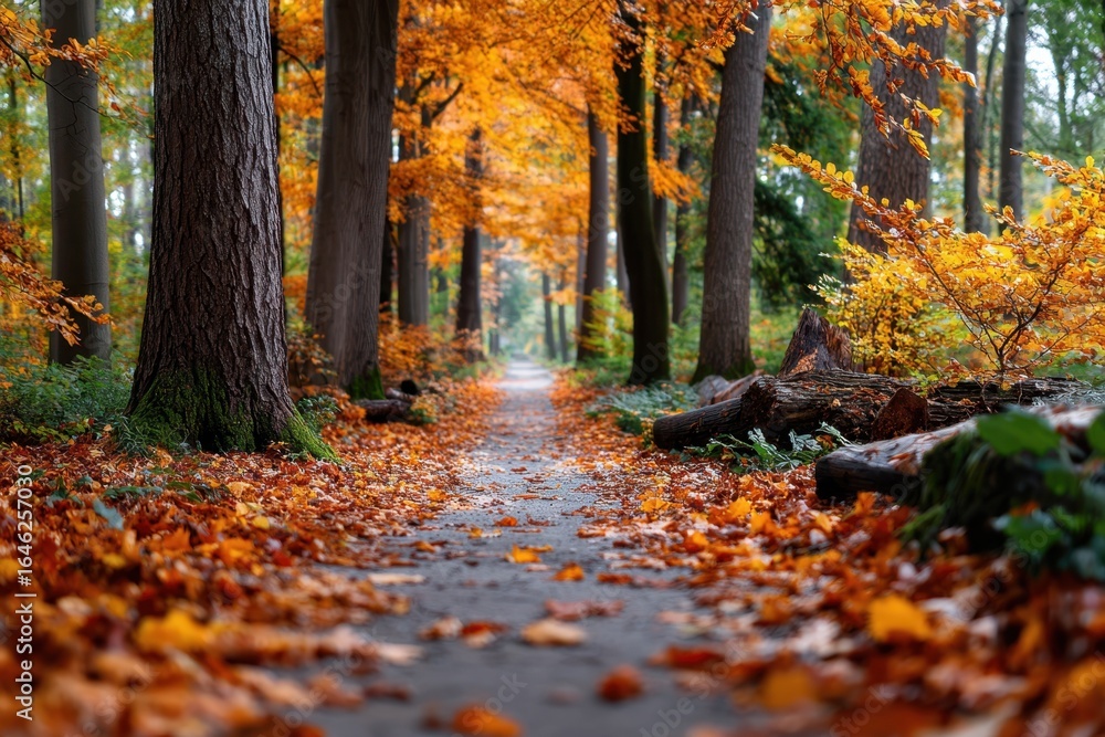 Poster autumn path lined with colorful leaves in a tranquil forest setting