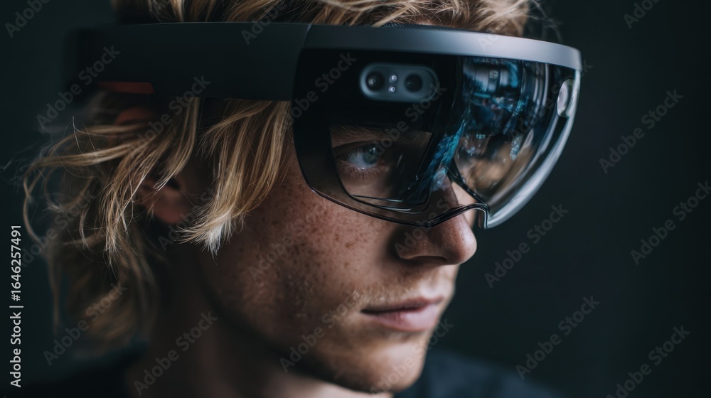 Poster software developer immersed in a dark room, using augmented reality glasses to create innovative cod