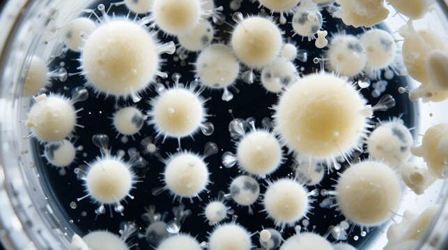 Detailed view of milk fat globules suspended in a transparent container, emphasizing their unique structures and arrangements.