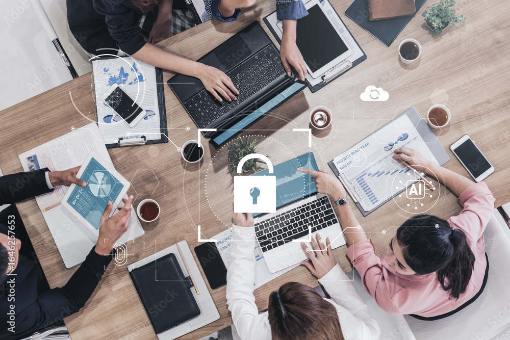 Poster ai cyber security system using biometric authentication and privacy control. cyber security protects