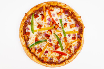 Whole Indian Veggie Pizza Menu Item on white background, top down view