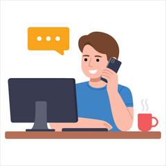 Office worker using landline computer vector graphic
