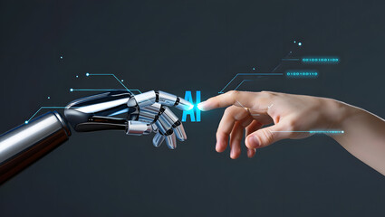 Human Hand and Robotic Fingertip Touching AI Interface: Futuristic Technology Concept
